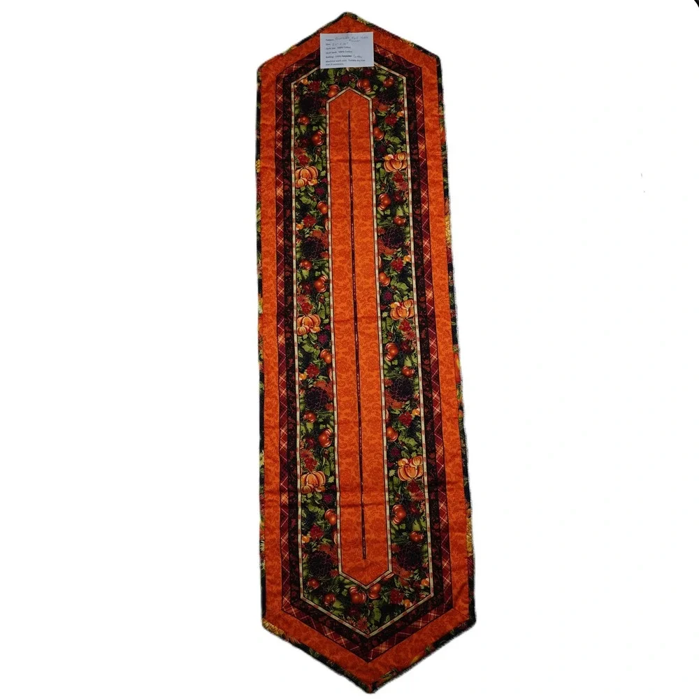 Handmade Reversible Fall Table Runner Quilted Pumpkin Floral 54x16 Orange Black